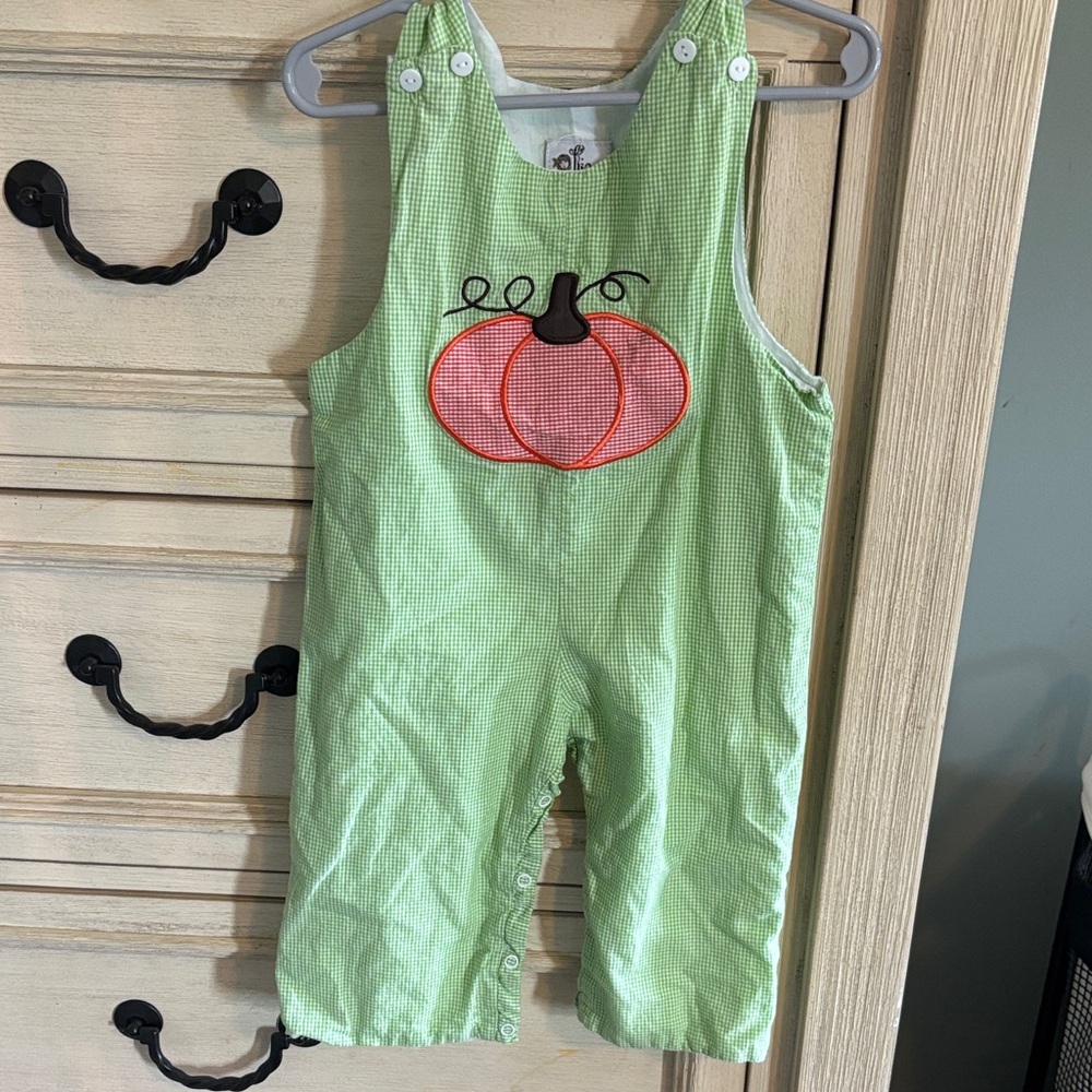Green Kids Overalls with Pumpkin Design